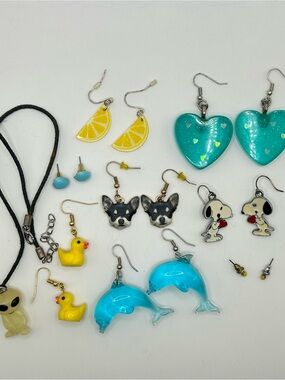 Seapunk Fun Earrings Lot Bundle w Qlien Necklace 90s Y2K Tumblr Grunge
